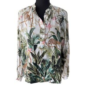 H&M Tropical Leopard Jungle Print Long Sleeve Blouse Viscose White Green Size 8